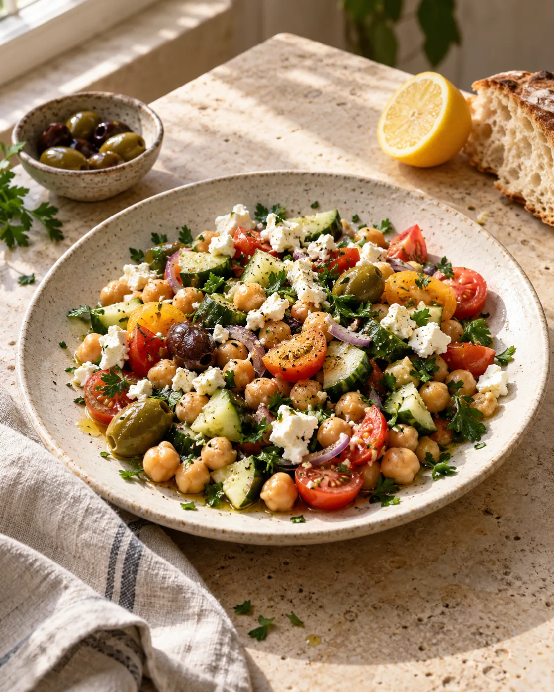 Chickpea salad with tomatoes, cucumber, feta and olives on a sunlit Mediterranean table